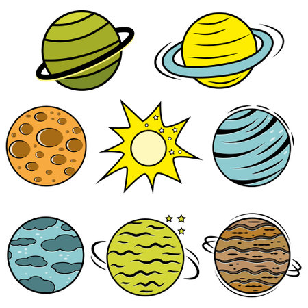 A set of cosmic vectors - comet, planet, moon, sun, star. Vector illustration in cartoon styleのイラスト素材