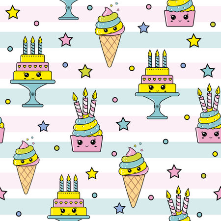 Vector graphic of the various sweets and desserts decorated into seamless patternのイラスト素材