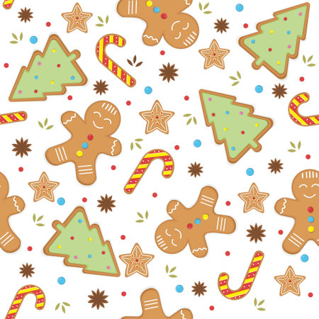 Christmas festive pattern with gingerbread man, vector illustration in cartoon style.のイラスト素材