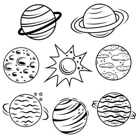 Abstract doodle-style planets, black outline, vector illustrationのイラスト素材