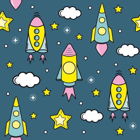 Space elements seamless pattern. Space background. Space doodle illustration. Vector illustration. Seamless pattern with cartoon space rockets, planets and stars.のイラスト素材