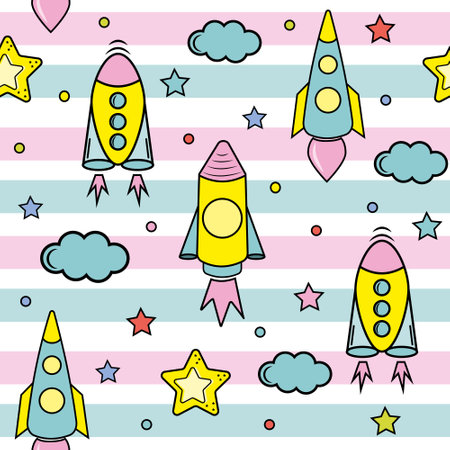 Space elements seamless pattern. Space background. Space doodle illustration. Vector illustration. Seamless pattern with cartoon space rockets, planets and stars.のイラスト素材