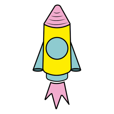 A cartoon-style spaceship rocket icon. A toy rocket takes off, spewing smoke.のイラスト素材
