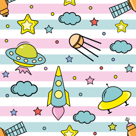 Space elements seamless pattern. Space background. Space doodle illustration. Vector illustration. Seamless pattern with cartoon space rockets, planets and stars.のイラスト素材