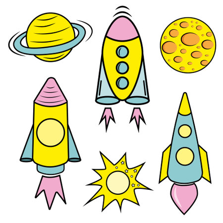 A set of space isolated icons of planets, satellites, UFOs and rockets. Vector illustrationのイラスト素材