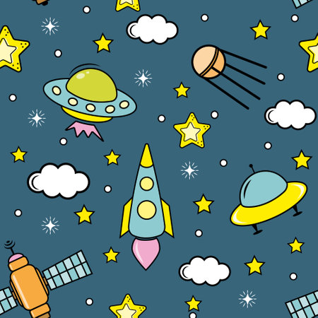 Space elements seamless pattern. Space background. Space doodle illustration. Vector illustration. Seamless pattern with cartoon space rockets, planets and stars.のイラスト素材