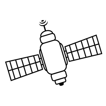 Satellite isolated on a white background, black outline, doodle-style flat design illustration, coloring book.のイラスト素材