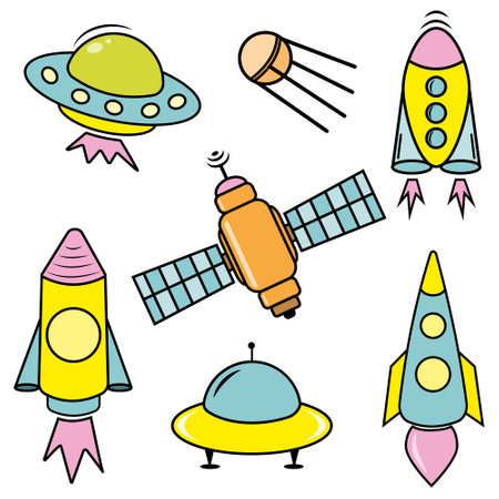 A set of space isolated icons of planets, satellites, UFOs and rockets. Vector illustrationのイラスト素材