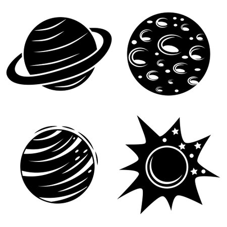 Abstract doodle-style planets, black outline, vector illustrationのイラスト素材