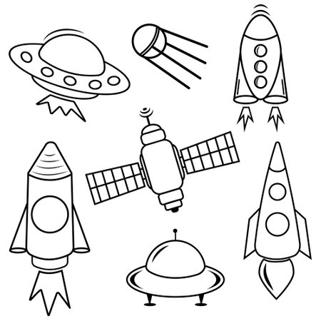 A set of space isolated icons of planets, satellites, UFOs and rockets. Vector illustrationのイラスト素材