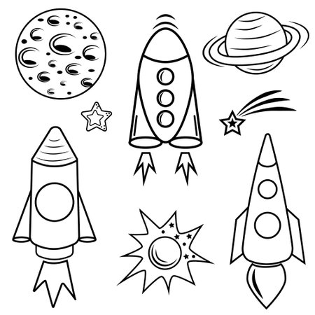 A set of space isolated icons of planets, satellites, UFOs and rockets. Vector illustrationのイラスト素材