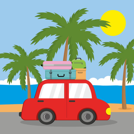Summer landscape red car with suitcases on the background of palm trees and the sea in cartoon styleのイラスト素材