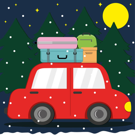Winter Christmas landscape with a red car with suitcases on the roof, on the background of Christmas trees, in cartoon styleのイラスト素材