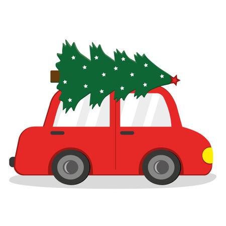 Red car with Christmas tree, color vector isolated cartoon-style illustrationのイラスト素材