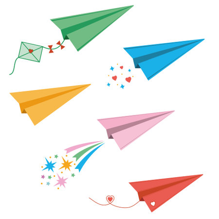 A set of cartoon-style colored paper airplanes, isolated vector illustration on a white backgroundのイラスト素材