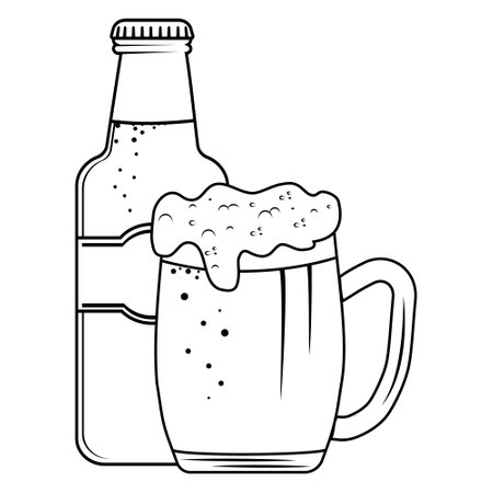 Beer bottle and beer mug black outline, doodle style, isolated vector illustration on white backgroundのイラスト素材