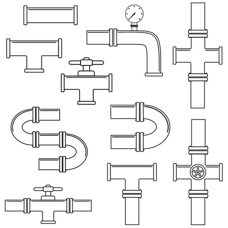 A set of pipelines with taps and water meters. A black outline. Linear illustration. White background. Illustration of a water supply system.のイラスト素材