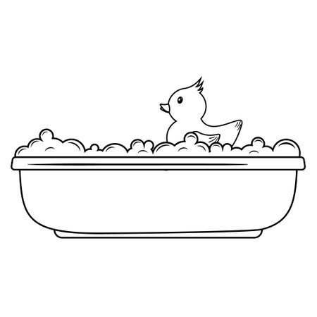 A rubber duck. A childrens bathing toy. Inflatable cute duck in a doodle-style bathroom. A separate illustration.のイラスト素材