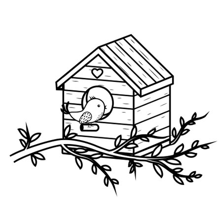 Birdhouse on a branch with a doodle bird, outline, coloringのイラスト素材