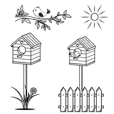 Set on the theme of birds and birdhouses, black outline coloring bookのイラスト素材