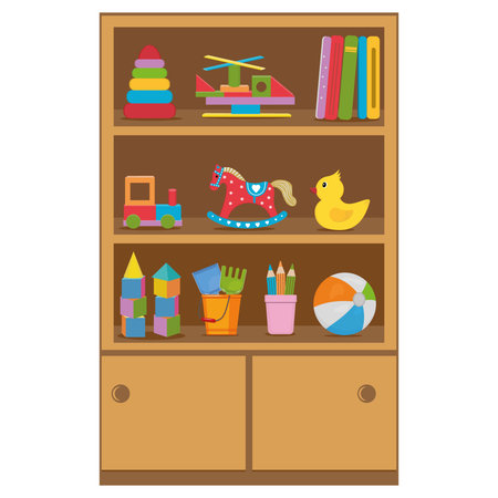 A cabinet with childrens toys isolated on a white background in cartoon styleのイラスト素材
