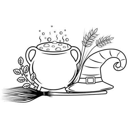 Vector illustration with a cauldron hat and a witchs broomのイラスト素材
