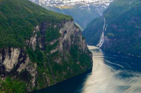 Turn of Geirangerfjord near craggy rocks Norwayの写真素材