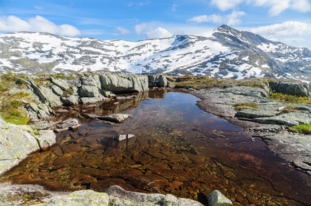Secluded small lake on the top of mountainsの写真素材