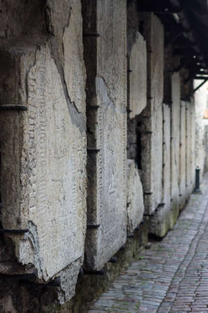 Medieval tombstones on the wall of Catherine's Alley (Katariina kÃ¤ik), Tallinn, Estoniaの写真素材
