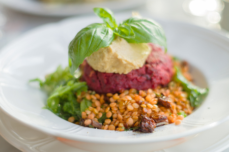 Beetroot, tofu, carrot and chickpea patty served with warm lentil salad, hummus and herb oil dressing, shallow depth of fieldの写真素材