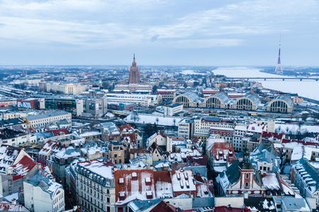 RIGA, LATVIA - FEBRUARY 02: General winter-time after sunset view of city from above. 2 million...
