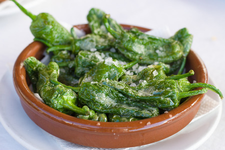 Fried green peppers Padron with olive oil and sea salt. Traditional Spanish tapas.の写真素材