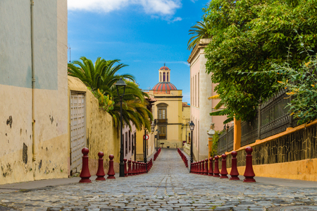 Leading down Nicolas de Ponte street in La Orotava town, Tenerife, Spainの写真素材