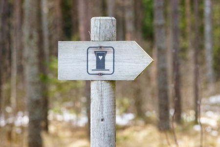 Wooden WC symbol signpost in forest areaの写真素材