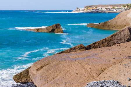 Scenic volcanic rocky coast of Costa Adeje resort, Tenerife, Canary islands, Spainの写真素材
