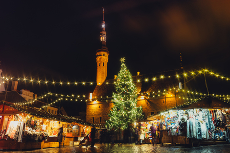 TALLINN, ESTONIA - NOVEMBER 20, 2016: Traditional winter holidays market in Tallinn old town. Very long history dating back to 1441 when the first Christmas tree was displayed in Tallinn.のeditorial素材