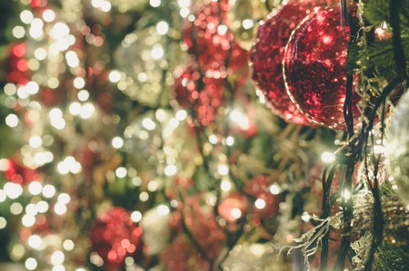 Christmas decoration background with shimmering lights, selective focusの写真素材