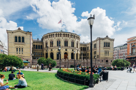 OSLO, NORWAY - JULY 31: The Storting building, the parliament of Norway, located in central Oslo. It was taken into use on 5 March 1866 and was designed by the Swedish architect Emil Victor Langlet.のeditorial素材