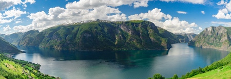 Wonderful summertime sunny panorama of Aurlandsfjord, Norwayの写真素材