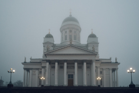 Helsinki Cathedral or St Nicholas Church shrouded in heavy fog, Finlandの写真素材