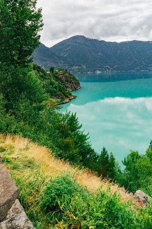 Sognefjord with amazing color of water, summertime norwegian sceneryの写真素材