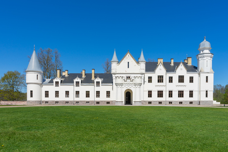 Front view of Alatskivi castle by sunny springtime. Neo-gothic style manor, Tartu county, Estoniaのeditorial素材