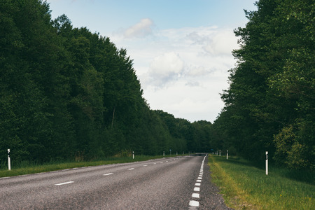 Straight empty asphalt road in forest area, selective focusの写真素材