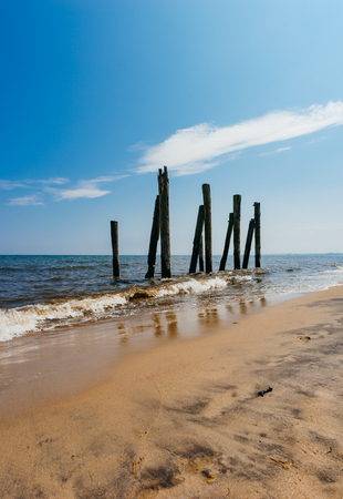 Old destroyed pier in water of Baltic sea, Orlowo, Polandの写真素材