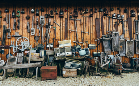 Collection of aged vintage tools and accessories. Retro household goodsの写真素材