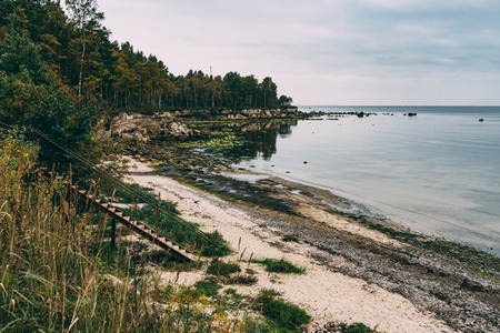 Baltic sea coastline with cliff and stones. From above view, toned imageの写真素材