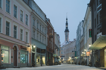 Tallinn, Estonia - January 7, 2017: Viru street - is the main street of the Old Town. On the background is tower of Town Hall.のeditorial素材