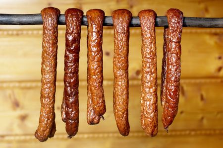 sausage dried in the country smoking chamberの写真素材