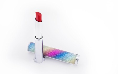 red silver tube unicorn lipstick in white backgroundの写真素材