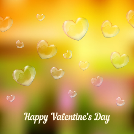 'happy valentine's day' lettering - holiday card with nature background and heart-shaped soap bubblesのイラスト素材
